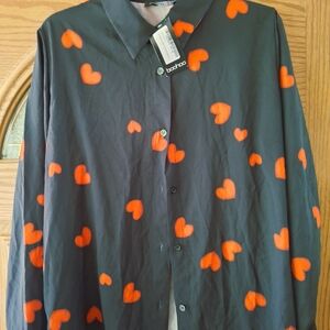 Boohoo Black Blouse with Red Heart Pattern
